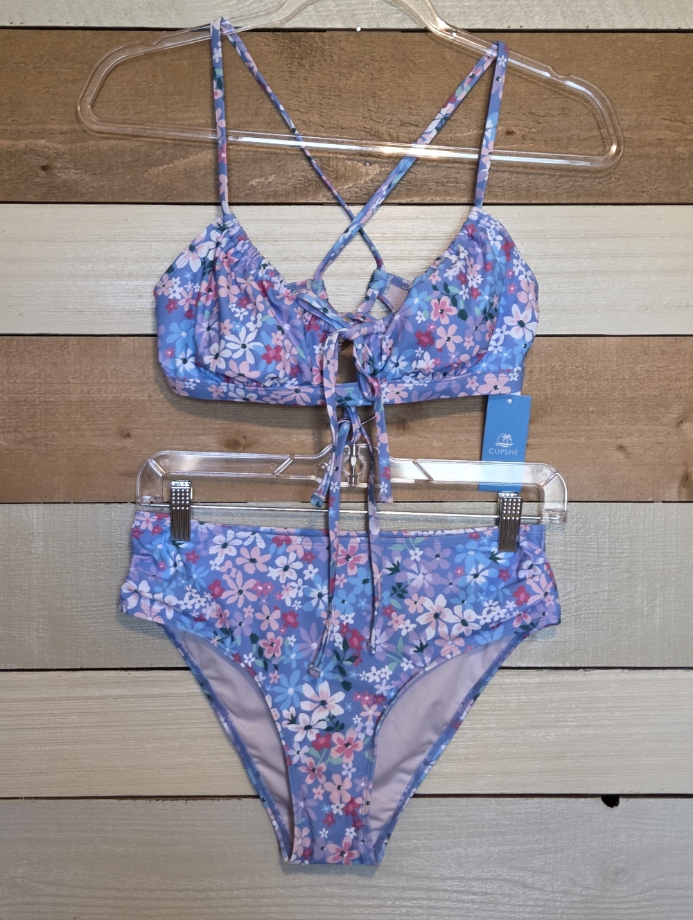 Cupshe Blue Floral Lace-Up Bikini Set